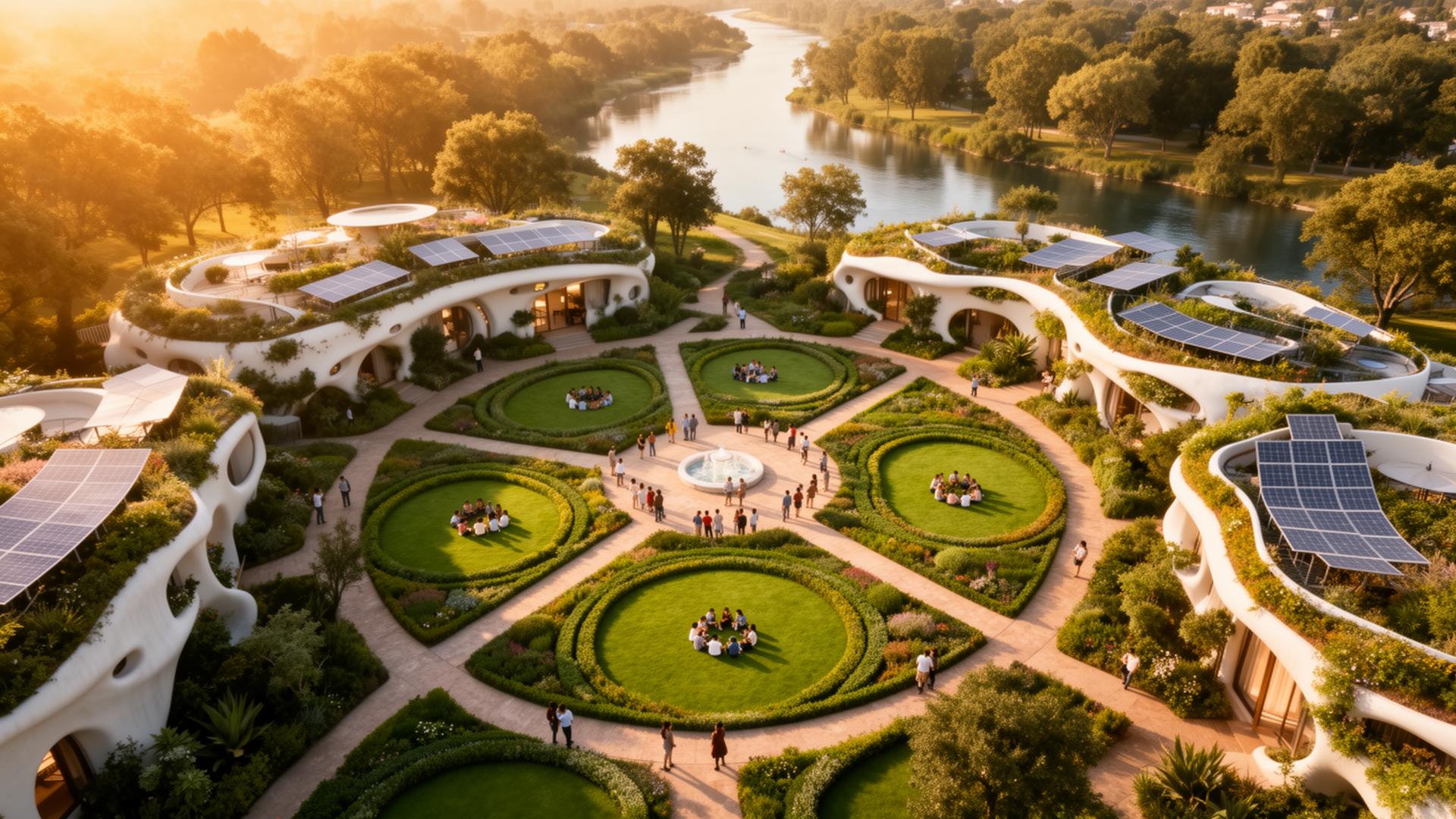An aerial view of a peaceful utopian community in golden light